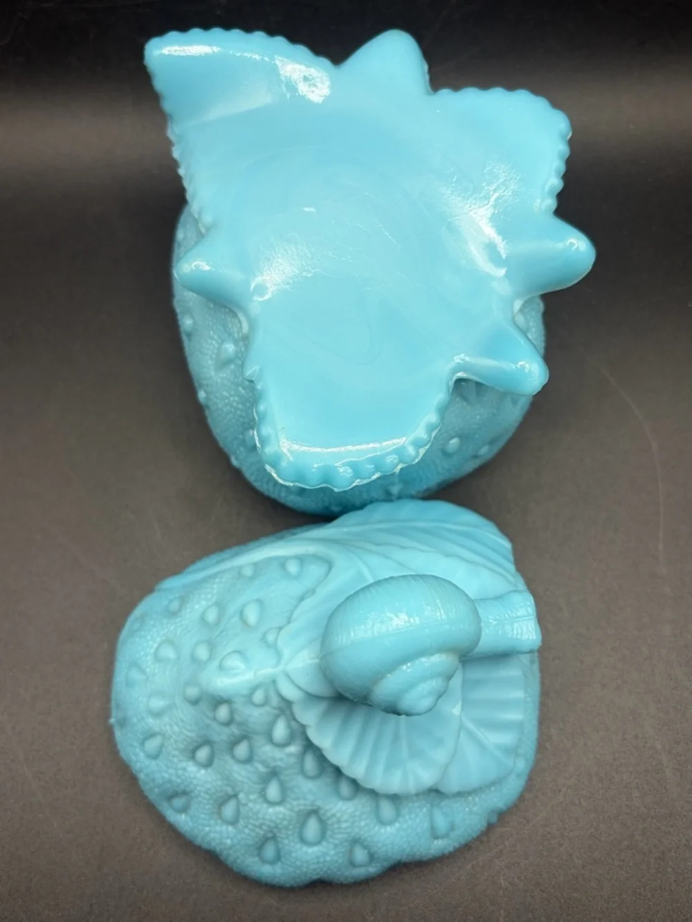 Portieux Blue Milk Glass Snail on Strawberry Lidded Dish Candy Bowl Trinket Box
